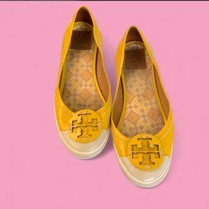 Tory Burch Yellow Patent Logo Round-Toe Ballet Flats